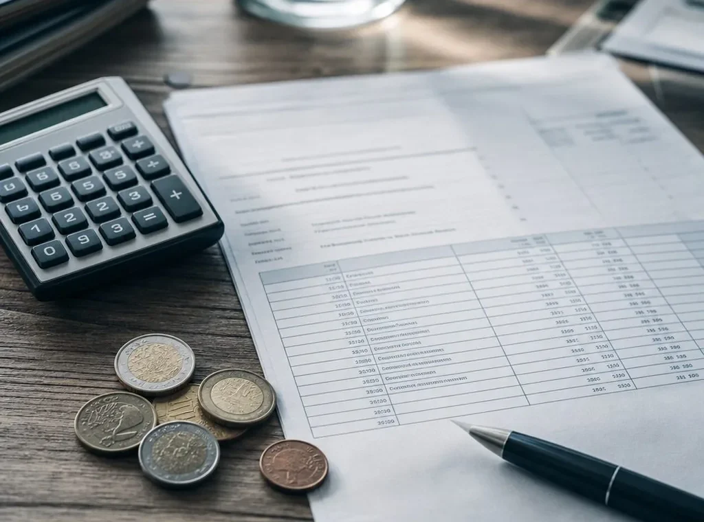 Calculadora, monedas de euro y una factura de honorarios sobre un escritorio