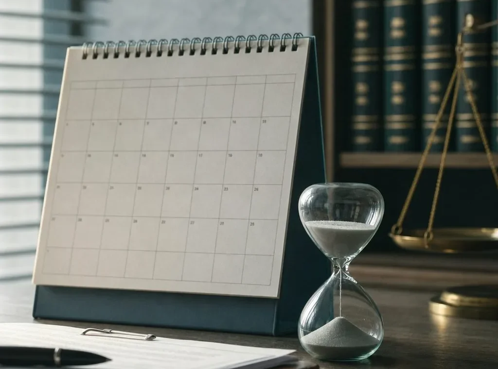 Un calendario y un reloj de arena sobre el escritorio de un abogado