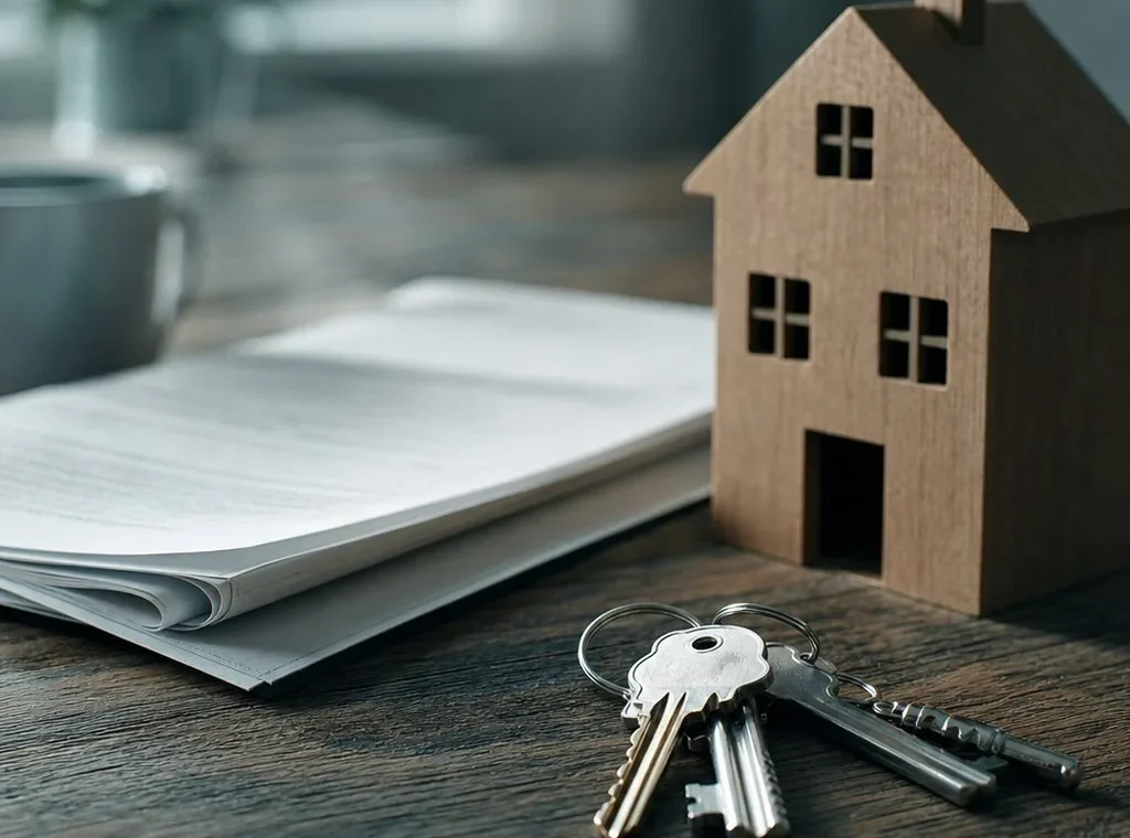 Llaves de casa y un contrato de hipoteca sobre una mesa junto a una casa en miniatura