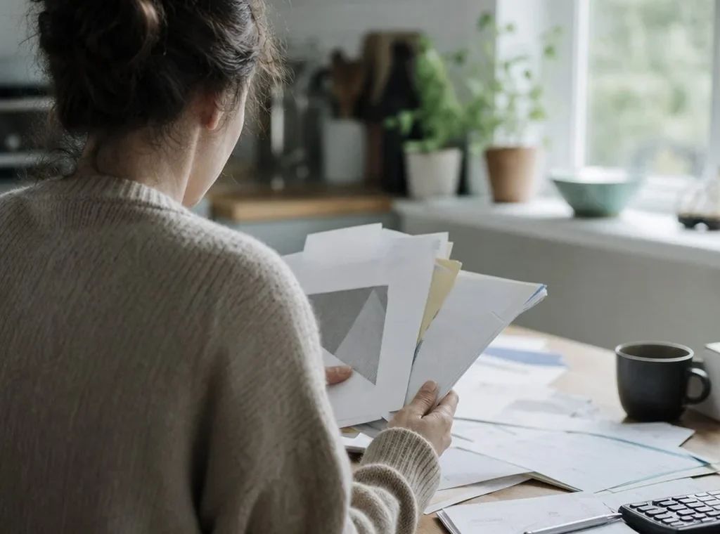 Persona revisando facturas y cartas del banco en la mesa de la cocina